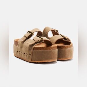 Womens Platform Suede Slide Sandals in Taupe